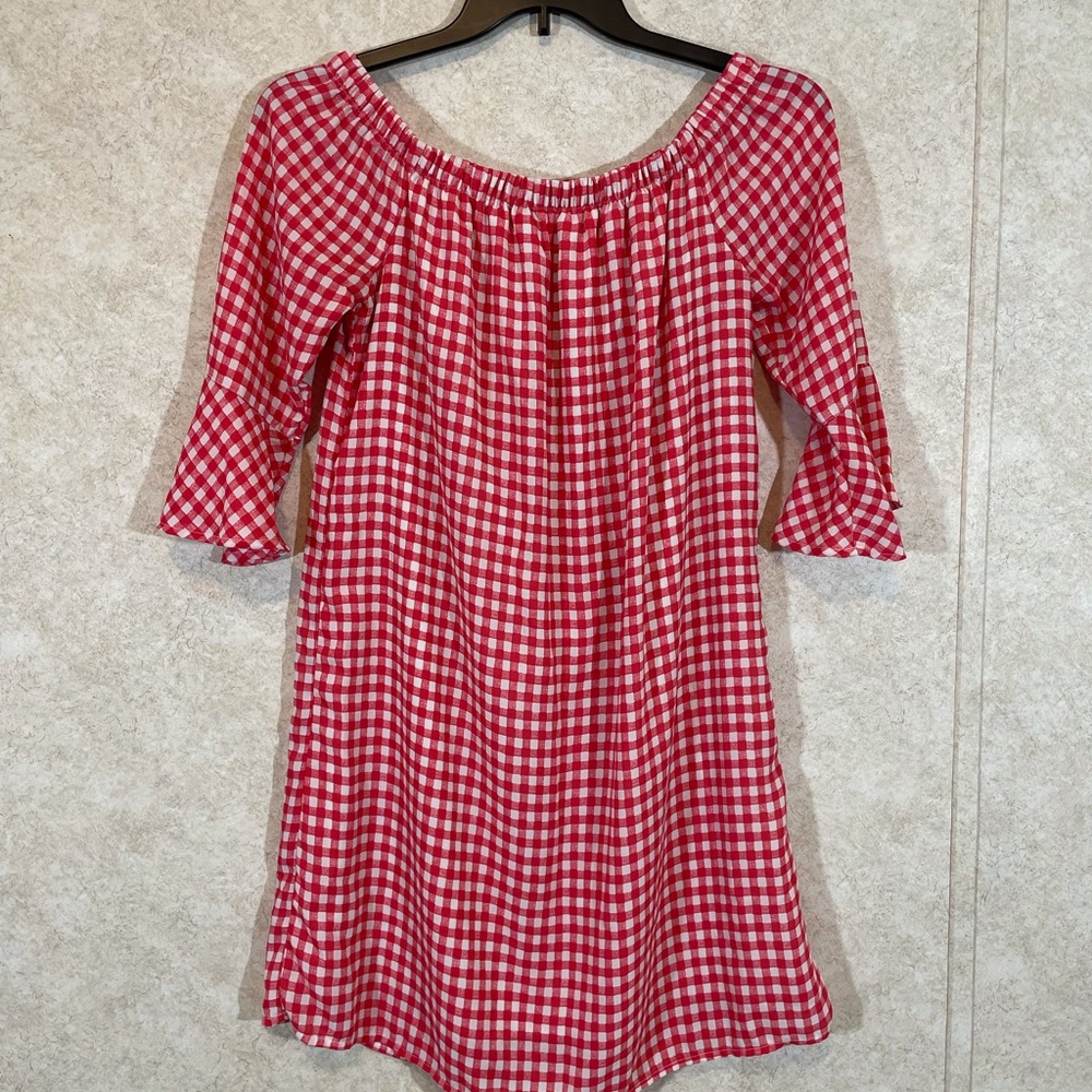 City Streets Woman's Sz M Red White Gingham Off the Shoulder Dress Cottagecore